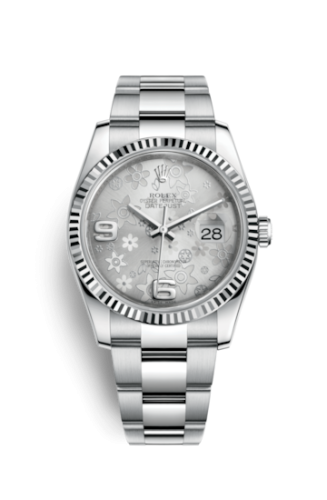 Rolex - 116234-0143 Datejust 36 Stainless Steel Fluted / Oyster / Silver Floral replica watch