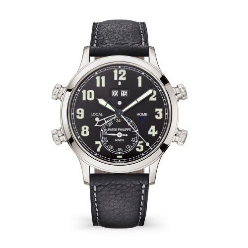 replica Patek Philippe - 5520P-001 Calatrava Pilot Travel Time Alarm 5520 Platinum / Black watch