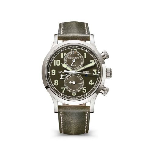 replica Patek Philippe - 5924G-010 Calatrava Pilot Travel Time Chronograph White Gold / Green watch