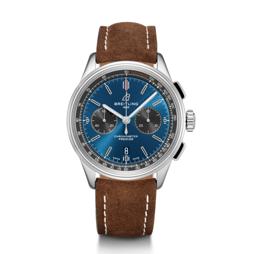 replica Breitling watch - AB0118A61C1X3 Premier B01 Chronograph 42 Stainless Steel / Blue / Brown Nubuck / Pin