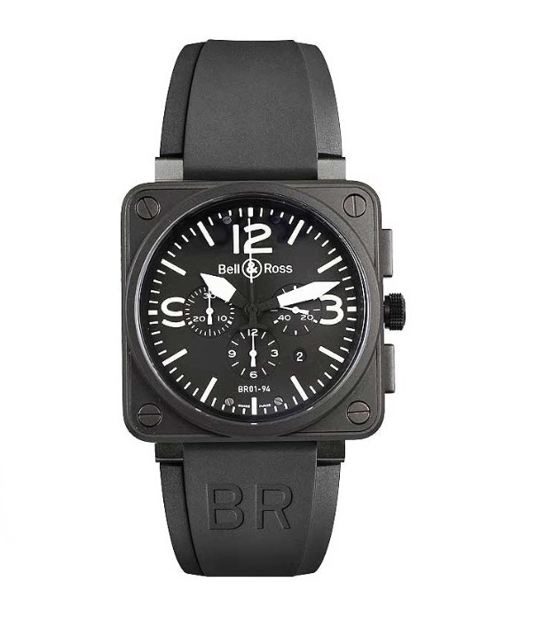 replica Bell & Ross Aviation Instrument BR-01 Chronograph in Black PVD Steel on Black Rubber Strap with Black Dial BR01 94 BL CA