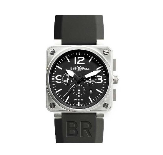 replica Bell & Ross BR 01 94 Pilot Chronograph in Steel on Black Rubber Strap with Black Dial BR01 94Steel