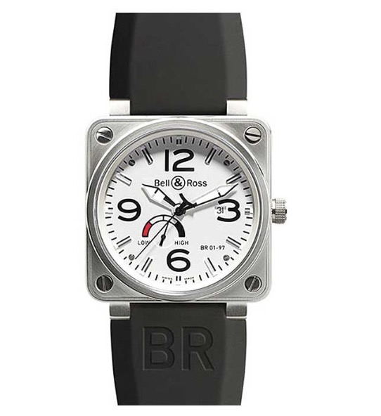 replica Bell & Ross BR 01-97 Power Reserve 46mm in Steel on Black Rubber Strap with White Dial BR01 97PowerReserveWhite