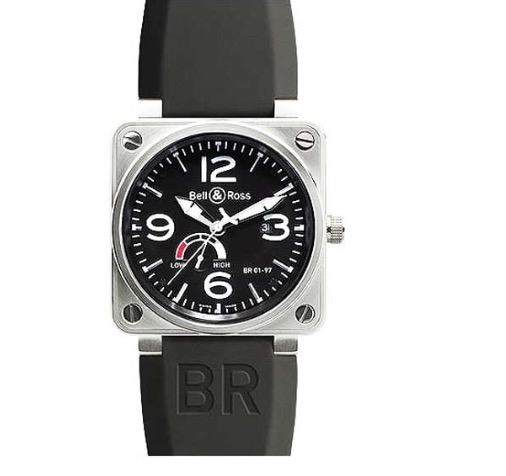 replica Bell & Ross BR 01-97 Power Reserve in Steel on Black Rubber Strap with Black Dial BR01 97S