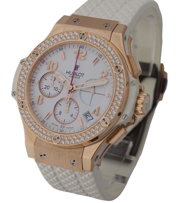 replica Hublot Big Bang Portocervo 41mm in Rose Gold with 2 Row Diamond Bezel on White Rubber Strap with White Dial 341.PE.230.RW.114