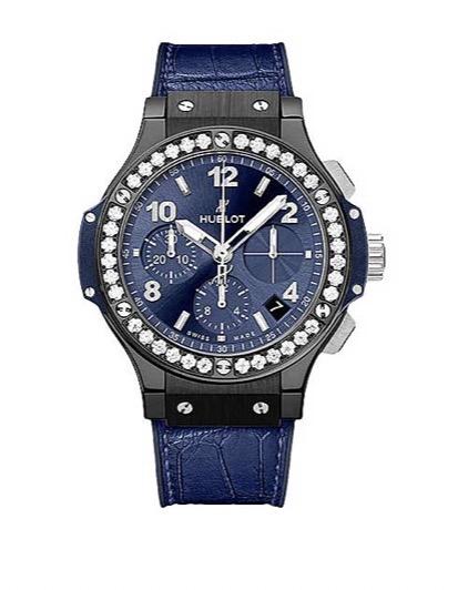 replica Hublot Big Bang 41mm in Black Ceramic with Diamond Bezel on Blue Alligator Leather Strap with Blue Dial 341.CM.7170.LR.1204
