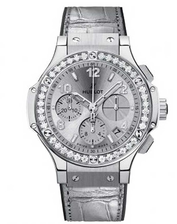 replica Hublot Big Bang 41mm in Steel with Diamond Bezel on Gray Leather Strap with Silver Dial 341.SX.4310.LR.1204