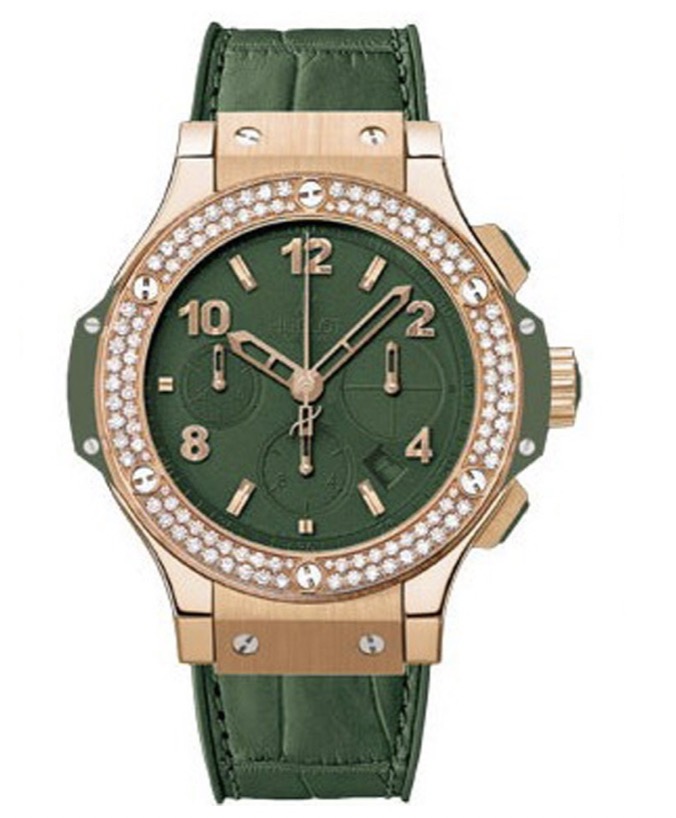 replica Hublot Big Bang 41mm in Rose Gold with Dark Green Baguette Diamond Bezel on Green Crocodile Leather Strap with Green Dial 341.PV.5290.LR.1104