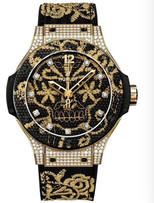 replica Hublot Big Bang Broderie 41mm Automatic in Yellow Gold with Diamond Bezel On Black Embroidery Rubber Strap with Black Diamond Dial 343.VX.6580.NR.0804