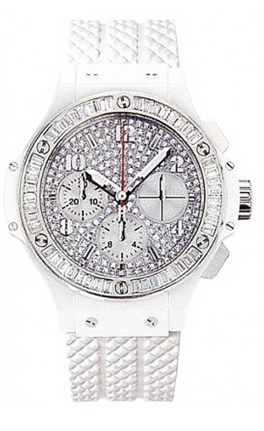 replica Hublot Big Bang Aspen 41mm in White Ceramic with Baguette Diamond Bezel on White Rubber Strap with Pave Diamond Dial 341.CW.9054.RW.194