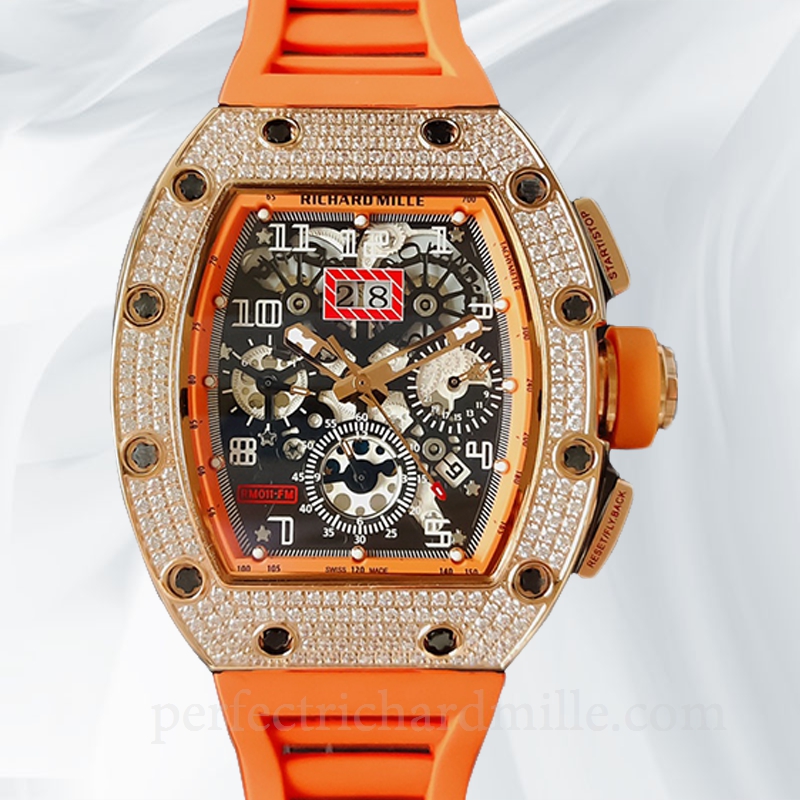 replica Richard Mille RM011 Men Mechanical Diamond Bezel Rubber Band Transparent Dial watch