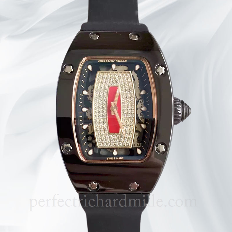 replica Richard Mille RM07-01 Ladies Automatic Red With Diamonds Dial Ceramics Bezel Rubber Band watch