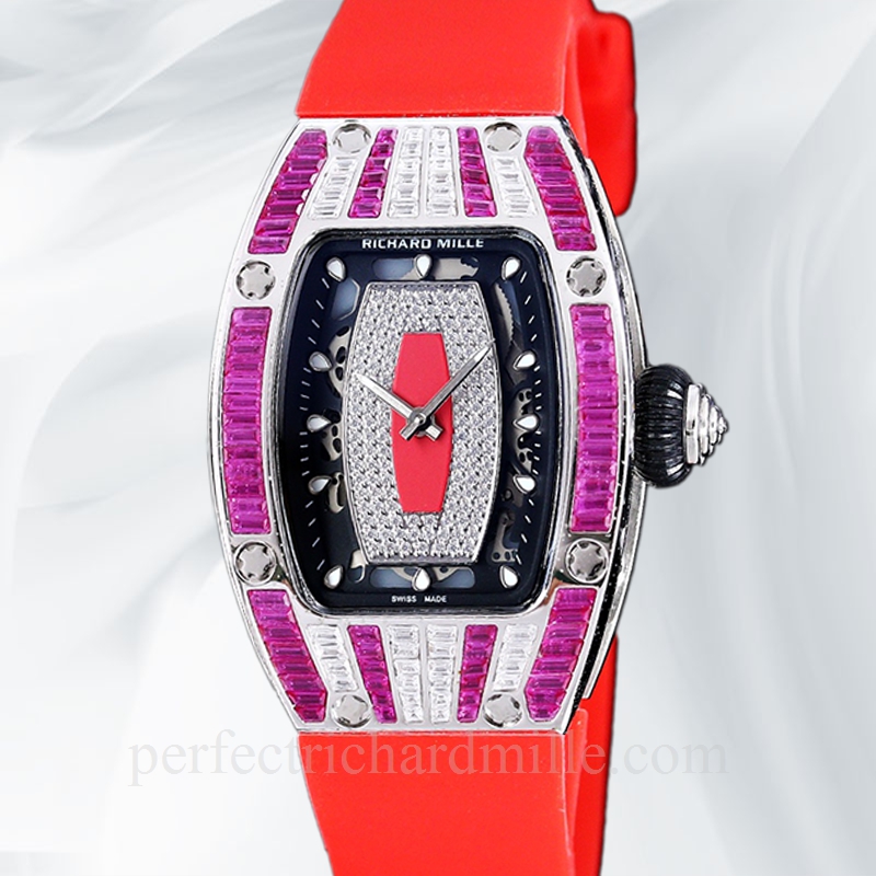 replica Richard Mille RM 07-01 Ladies Automatic Rubber Band Watch Red With Diamonds Dial watch