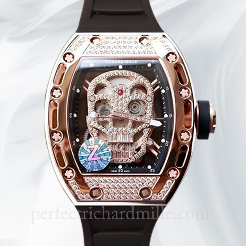 replica Richard Mille RM052 Men Mechanical Rose Gold Skull Dial Diamond Bezel watch