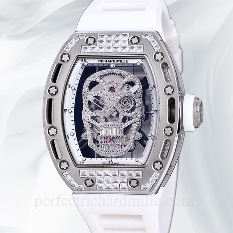 replica Richard Mille RM 052 Men Automatic Watch Diamonds Skull Dial Rubber Band watch