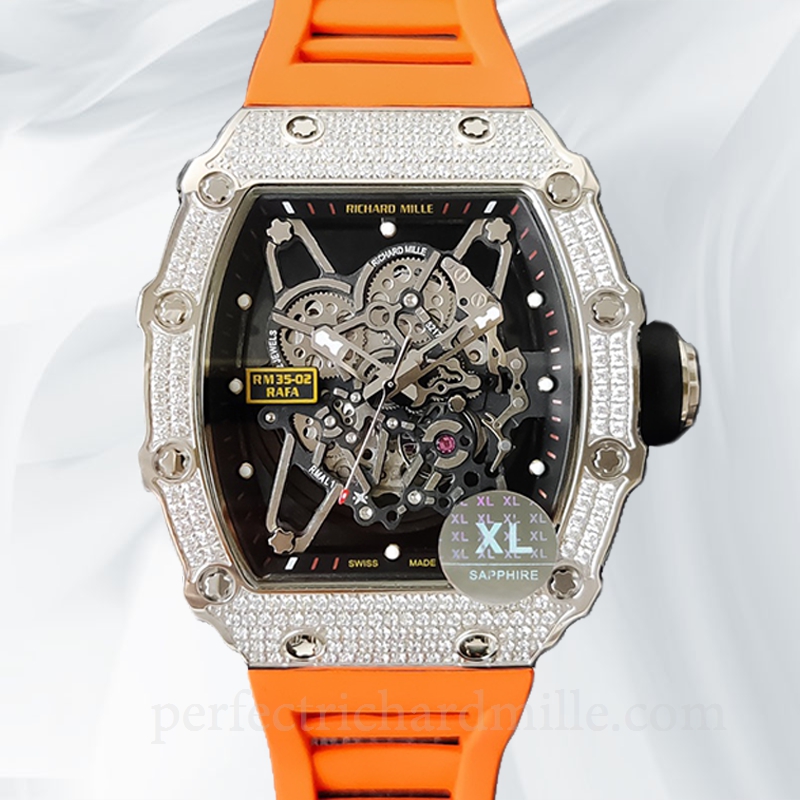 replica Richard Mille RM35-02 Mechanical Men Rubber Band Transparent Dial Diamond Bezel watch