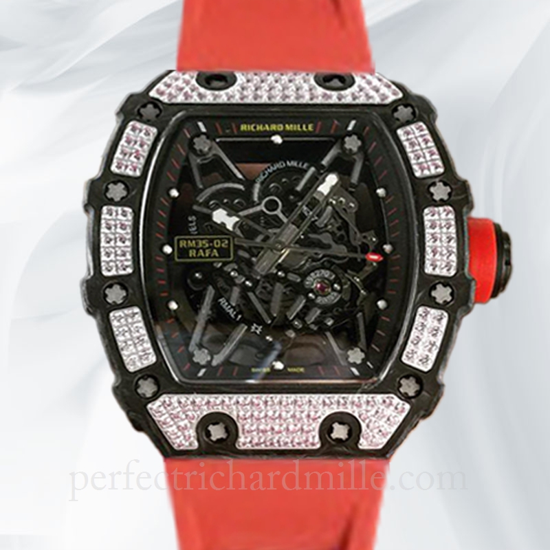 replica Richard Mille RM35-02 Men Mechanical Rubber Band Diamond Bezel Transparent Dial watch