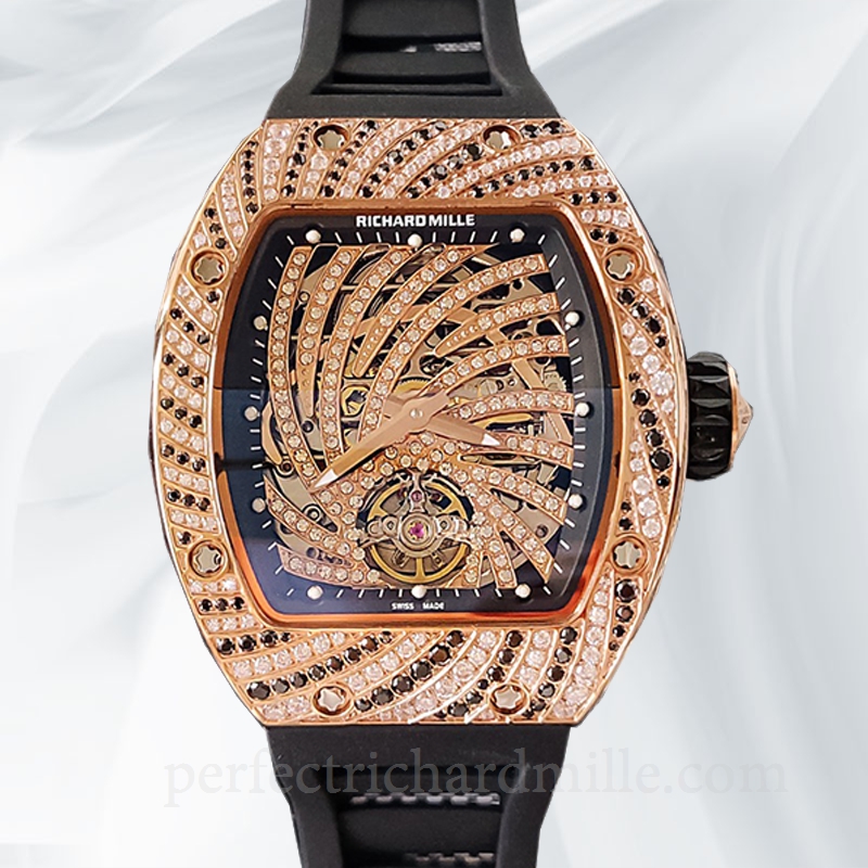 replica Richard Mille RM51-02 Ladies Mechanical Diamond Paved Dial Diamond Bezel Rubber Band watch