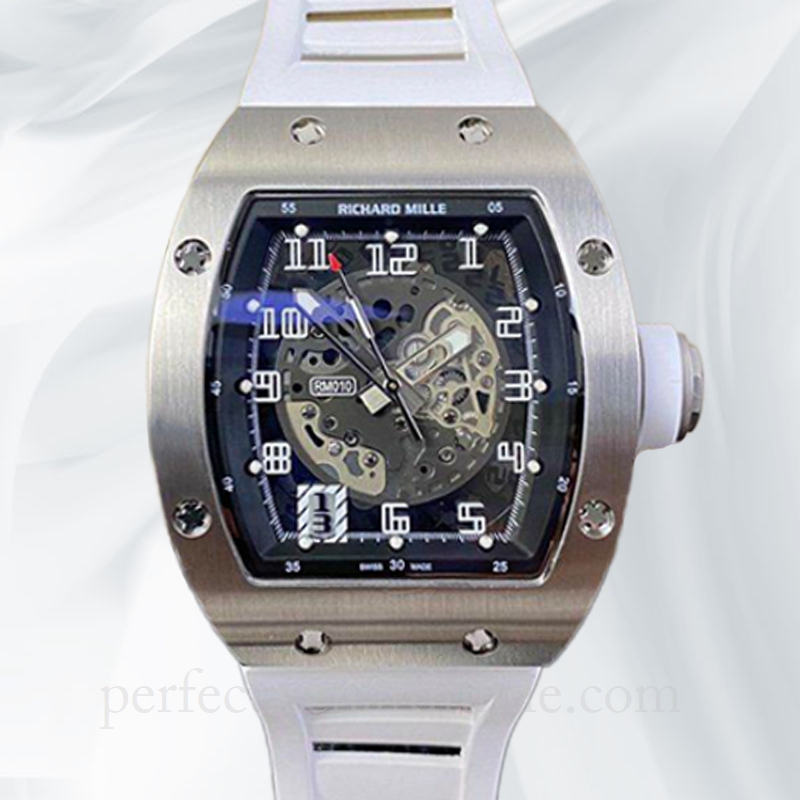 replica Richard Mille RM010 Mechanical Men Stainless Steel Transparent Dial Rubber Band watch